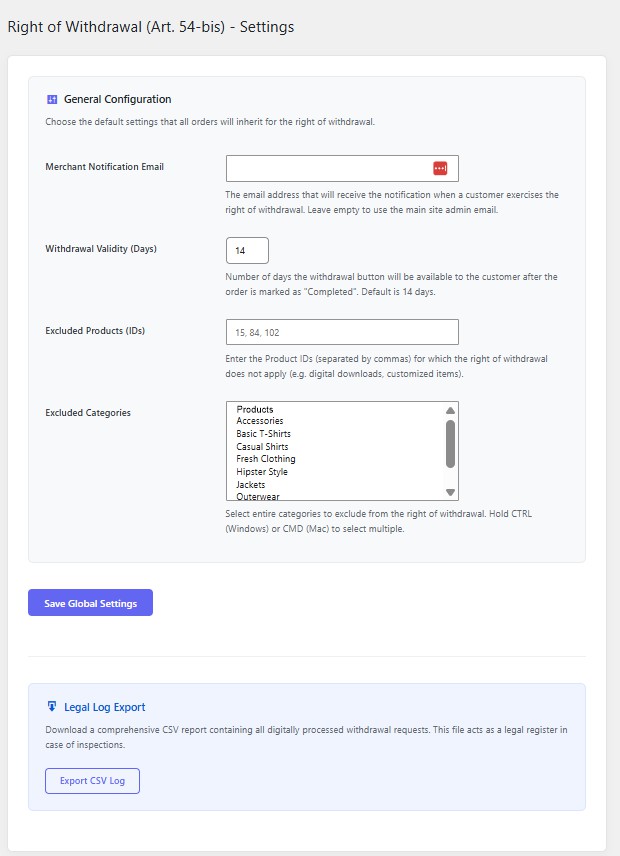 WooCommerce right of withdrawal admin settings to exclude digital products