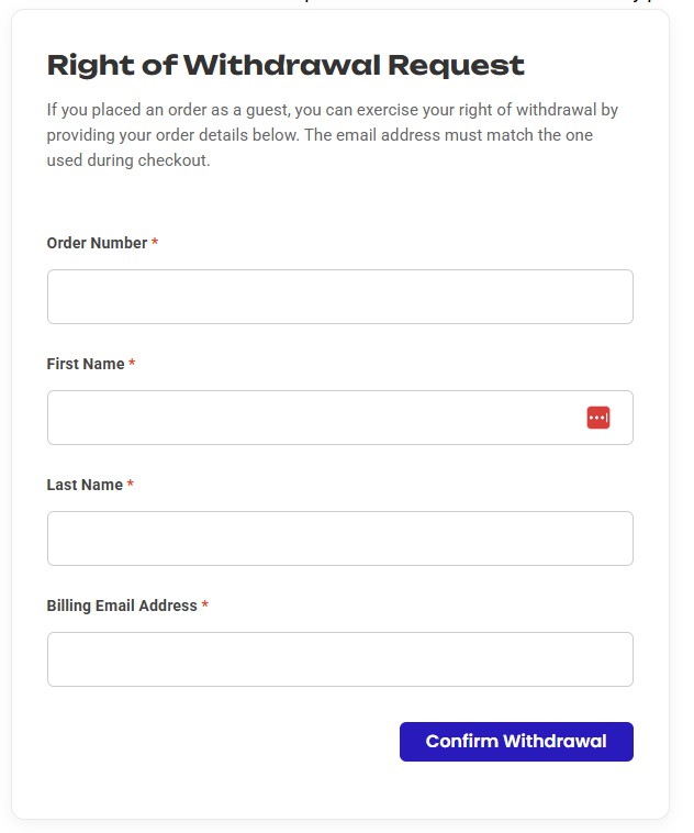 EU right of withdrawal guest request form with double opt-in for WooCommerce