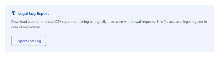 Legal log CSV export of withdrawal requests in WooCommerce