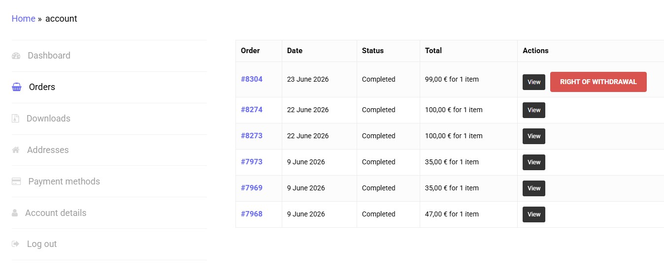 WooCommerce right of withdrawal button in customer account orders table